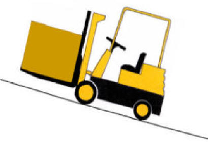 forklift carrying load goes up incline forks first to cradle load