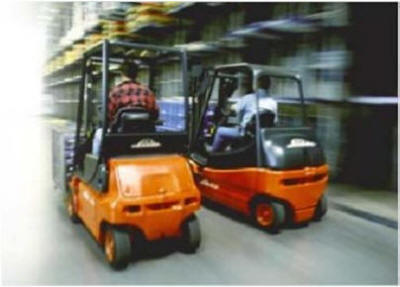 forklift race racing speeding down warehouse aisle