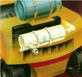 Diagram of rear of forklift showing a propane fuel tank strapped to the counterweight and ghost image of exhahst system and muffler