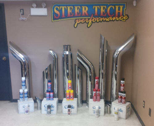 Display of Monster Chrome exhaust stacks available at Steer Tech Performance