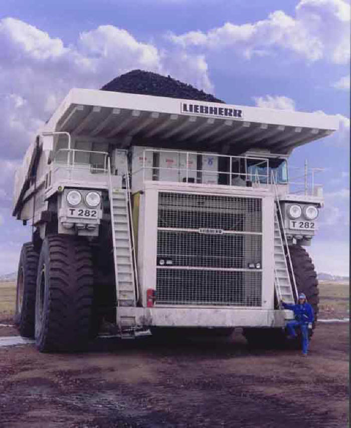 huge Liebherr dump truck loaded with stone