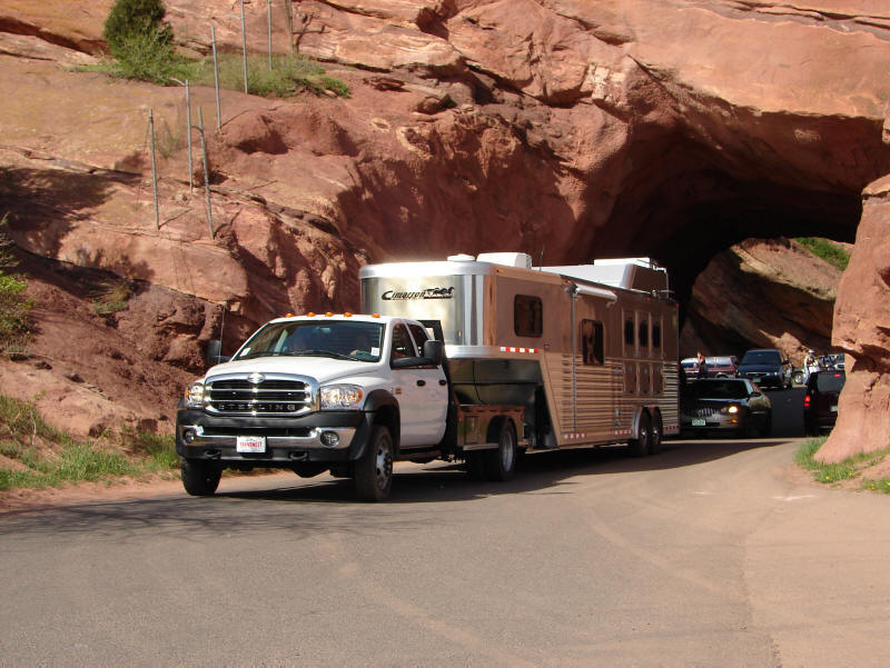 Sterling Bullet towing horse trailer through  through mountain cave rock bridge tuinnel