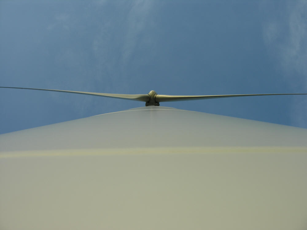 Wind turbine blades from below tower Collingwood, Ontario